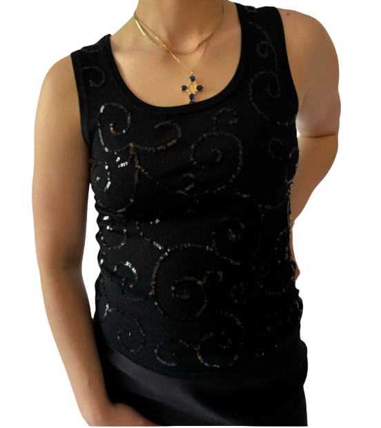S/M Vintage/Y2k Black Sequin Swirl Tank