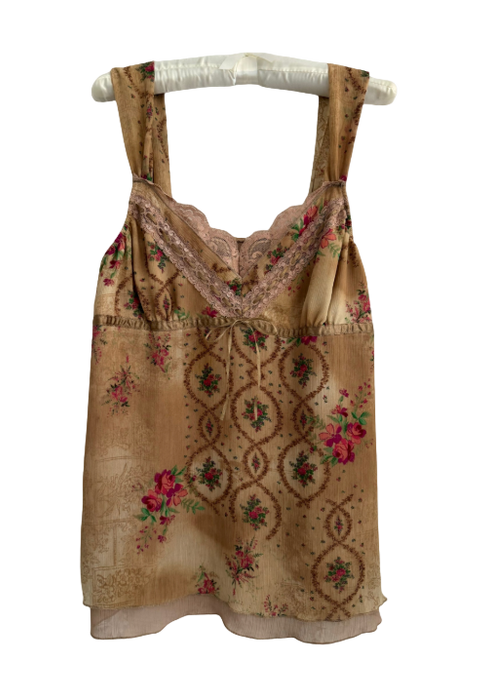 L/XL Y2k Neutral Brown Lace Flower Tank