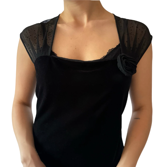 M/L Vintage Black Velvet Rosette Top